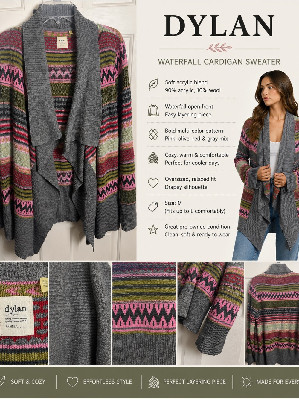 Dylan by True Grit Fair Isle Waterfall Cardigan Sweater Boho Cozy Medium